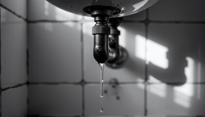 Dripping faucet with contrasting light and shadow in a tiled background.
