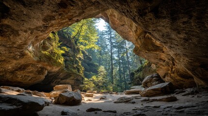 Sunlight streams into a sandstone cave in hocking hills state park, ohio, illuminating the forest beyond