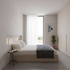 Minimalist Modern Bedroom Interior with Wood Platform Bed and Bright Natural Light