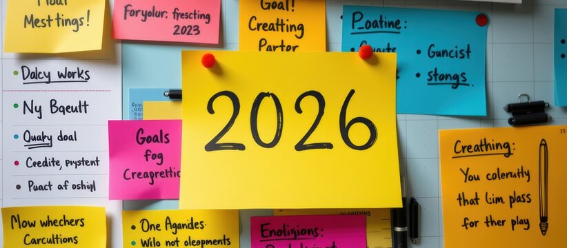 Colorful sticky notes with goals, plans, and reminders for 2026 and beyond.