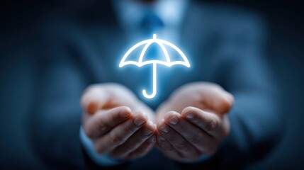 Businessman in suit holds an umbrella icon in his hands, symbolizing protection and security