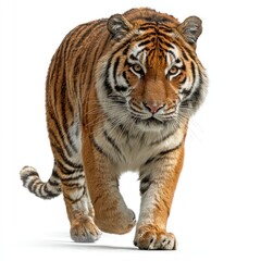 Obraz premium Alert Striped Tiger Walking Forward on White Background