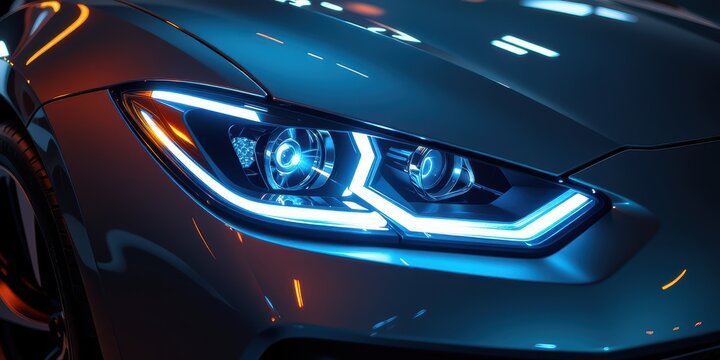 Sleek car headlight with modern design and vibrant reflections.