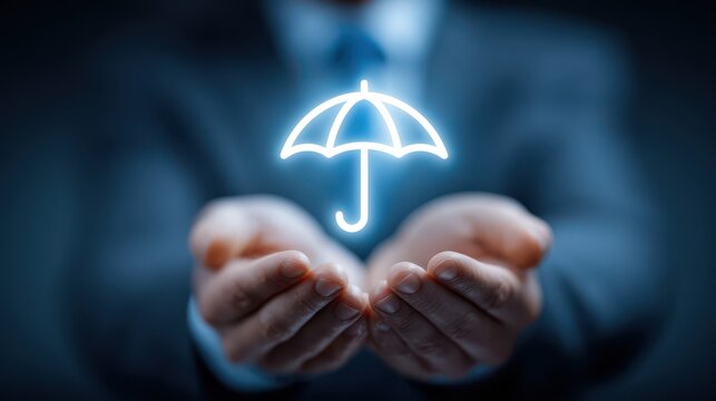 Businessman in suit holds an umbrella icon in his hands, symbolizing protection and security