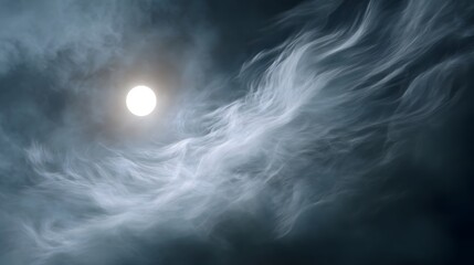 A luminous celestial orb shines through dramatic swirling clouds in an atmospheric sky