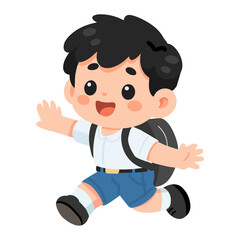 Cartoon Illustration of Happy Boy Going to School
