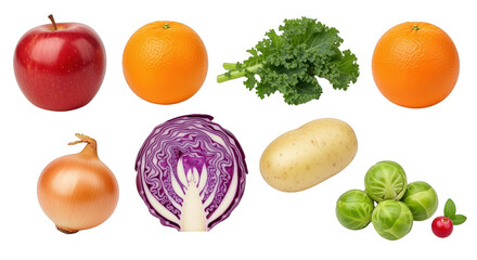 Assortment of fresh fruits and vegetables including an apple, oranges, kale, onion, red cabbage, potato, and brussels sprouts isolated on transparent background.