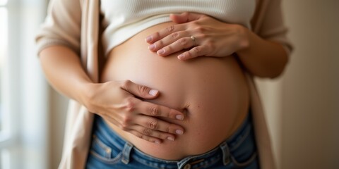 Pregnant woman gently cradling her belly with decorated hands in natural light.