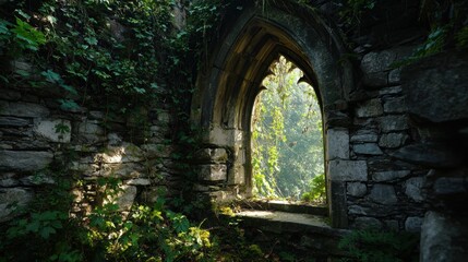 Fototapeta premium Sunlit Gothic Arch Window in Overgrown Stone Ruin.