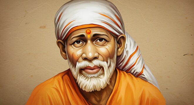 Sai Baba of Shirdi wallpaper Hindu God with clouds rays mountains 3D Rendering style Lord Statue for mandir temple Om Sai Ram
