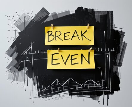 Break-even concept illustrated with handwritten text on a black and white background.
