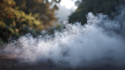 A low lying plume of swirling smoke or fog creates an atmospheric effect against a blurred natural background