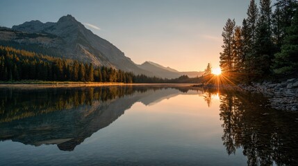 Fototapeta premium Sunrise Over Calm Lake with Mountain Reflection.
