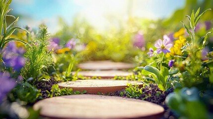 A garden path made of stepping stones winds through lush greenery and colorful flowers, bathed in warm sunlight.