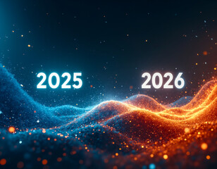 Bright graphic transition from year 2025 to 2026. Minimalist New Year, change, future concept.