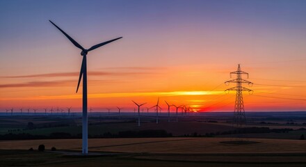 Obraz premium Wind Turbines at Sunset with Electric Power Lines in Rural Landscape
