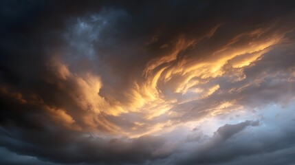 Dramatic golden sunlight illuminates swirling storm clouds highlighting turbulent textures and creating a vivid contrast in the moody sky