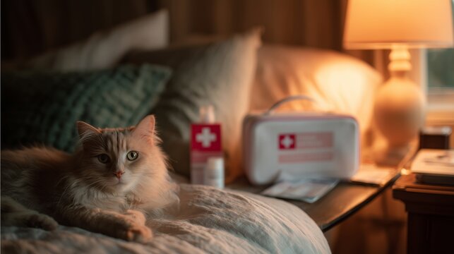 Cozy cat resting on bed near lamp and first aid kit in a softly lit room