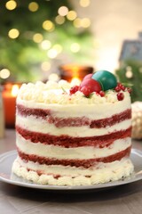 Delicious sponge cake with Christmas decor and red currants on grey textured table against blurred lights, closeup. Bokeh effect