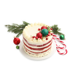 Delicious sponge cake with Christmas decor and red currants isolated on white
