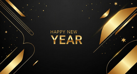 Elegant golden "Happy New Year" text with abstract festive shapes and sparkling stars on a dark background, perfect for celebrations