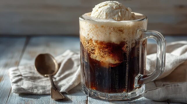 Close up of a root beer float with vanilla ice cream in a glass mug on a wooden table