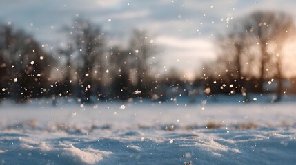 Gentle snowfall blankets a serene winter landscape bathed in soft golden light
