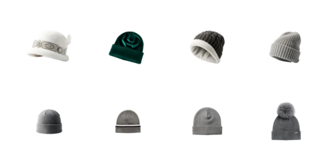 Set of  eight hats for winter celebration isolated on transparent background