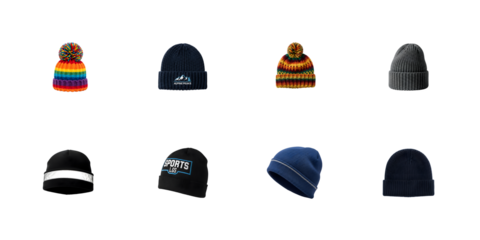 eight winter hats isolated on transparent background