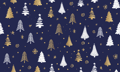 Christmas tree pattern on purple background, Hand drawn illustrations.	
