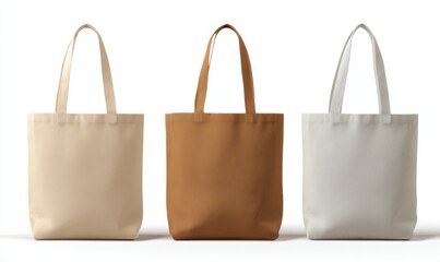 Three eco cloth tote bags in beige, brown, and gray, each with handles, stand side by side on a white background.