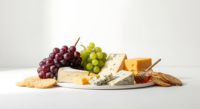 Gourmet cheese board with grapes crackers and jam