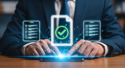 Professional approves digital document checklist with glowing technology interface