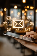Close up of a hand holding a tablet with email icons floating above it in a dark room