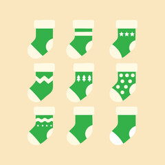 Green Christmas socks vector collection with festive ornaments