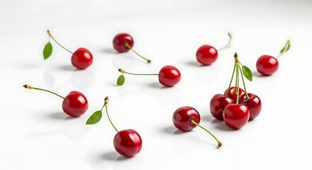 Fresh ripe cherries scattered on a white background
