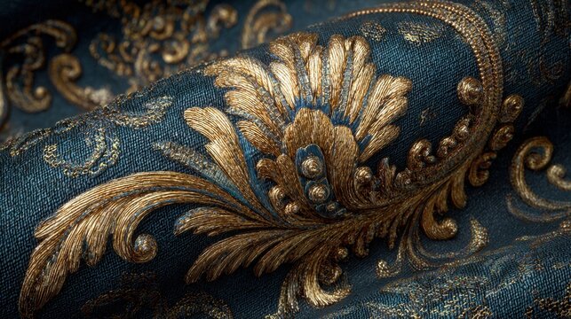 Close-up displays royal pattern fabric with gold accents and colorful floral designs, showcasing luxurious and high-quality textile detail