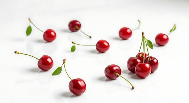 Fresh ripe cherries scattered on a white background
