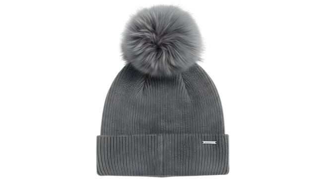 Gray knitted winter hat with a pompom isolated on transparent background