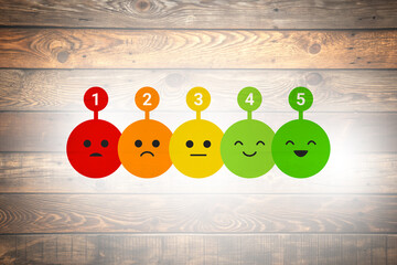 Illustration of customer satisfaction five star rating feedback scale with emoji faces from red sad to green happy on wood background perfect for service review feedback and evaluation concept