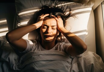 Woman in bed hands on head, suffering a headache or migraine, sunlight streaming through blinds