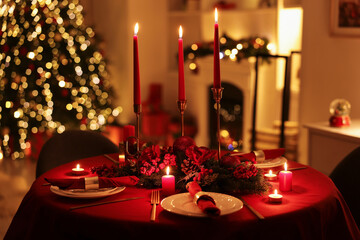 Stylish Christmas table setting with plates, festive decor and burning candles indoors