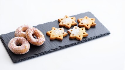 Assorted Hanukkah sweets – traditional sufganiyot and decorated cookies on festive serving boards. AI generated.