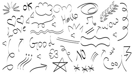 Playful hand drawn doodles collection, Cute sketchy line art elements set, Whimsical black ink doodle shapes