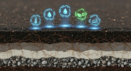 Visualize soil health analysis and agricultural technology advancements with glowing digital icons monitoring temperature, moisture, growth, and pH levels