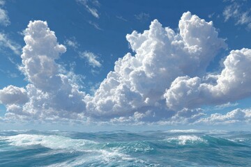 White cumulus cloud formations above open ocean waters with a clear blue summer sky creating a peaceful scenic vista
