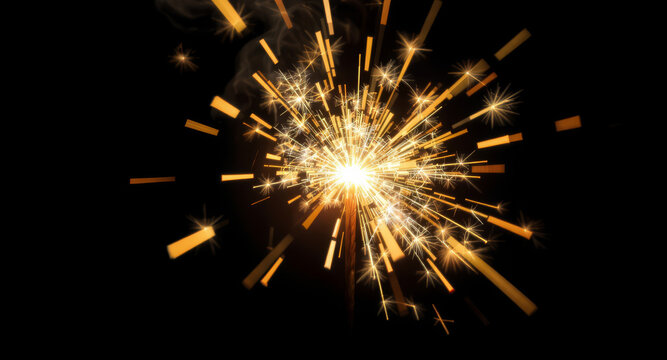 Exploding sparkler illuminates night with dazzling golden fireworks and ethereal smoke trails, capturing festive celebration magic