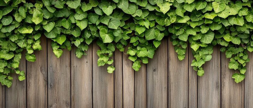 Green ivy vines cascade over weathered wooden planks, creating a natural wall effect, ideal for urban garden backdrops and vertical green spaces.