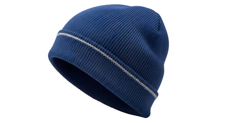 Blue beanie hat with reflective stripe isolated on transparent background