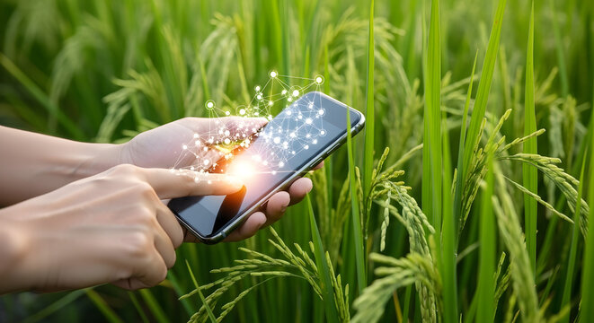 Farmer using smartphone in lush green rice field with glowing digital data overlay